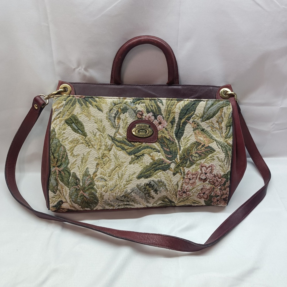 Etienne Aigner Vintage Floral Tapestry Leather Satchel Burgundy Shoulder Bag